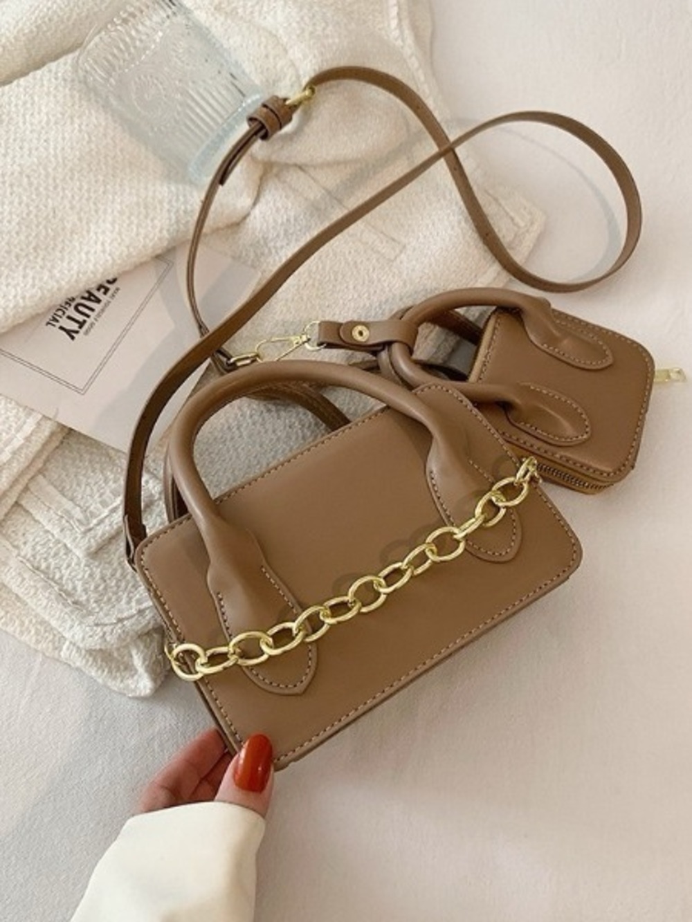 Brown/Nude Mini Tote Crossbody Bag with Gold Chain- Earbud purse-GC